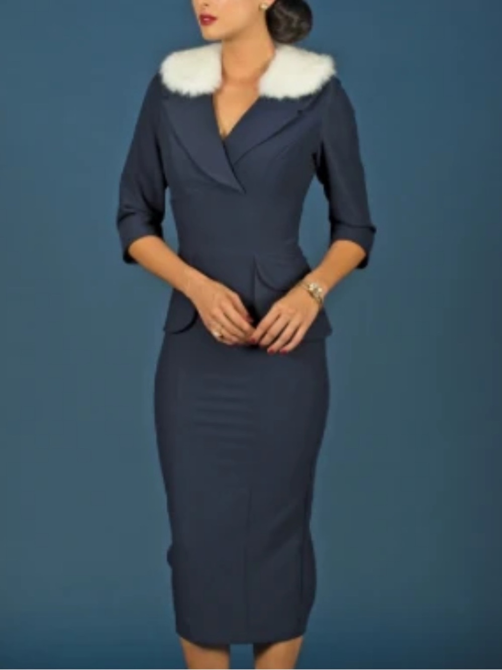 Stop Staring vintage retro pinup Navy Tailored Peplum Midi Dress. No white fur